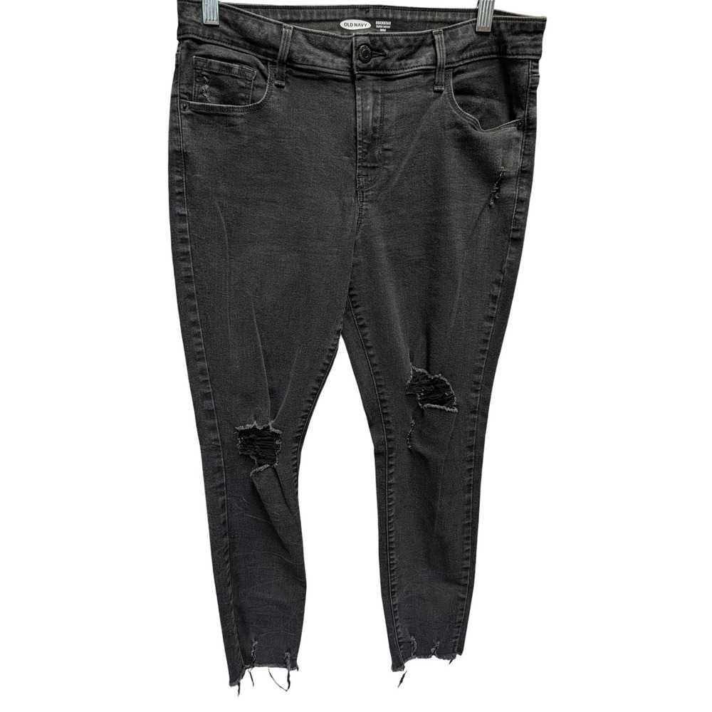 Old Navy Rockstar Super Skinny Ankle Jeans Womens 12 Black Distressed Raw Hem